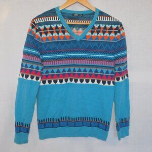 MEXX Metropolitan Mens L Slim Fit Blue Southwest Fair Isle Sweater V neck